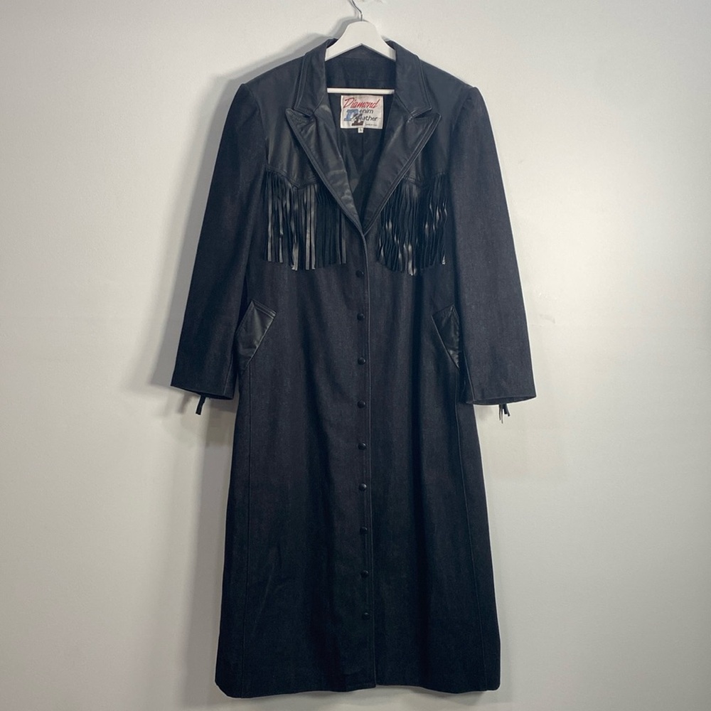 Rare Vintage Diamond Denim Denim Leather Fringe Accent Duster Coat